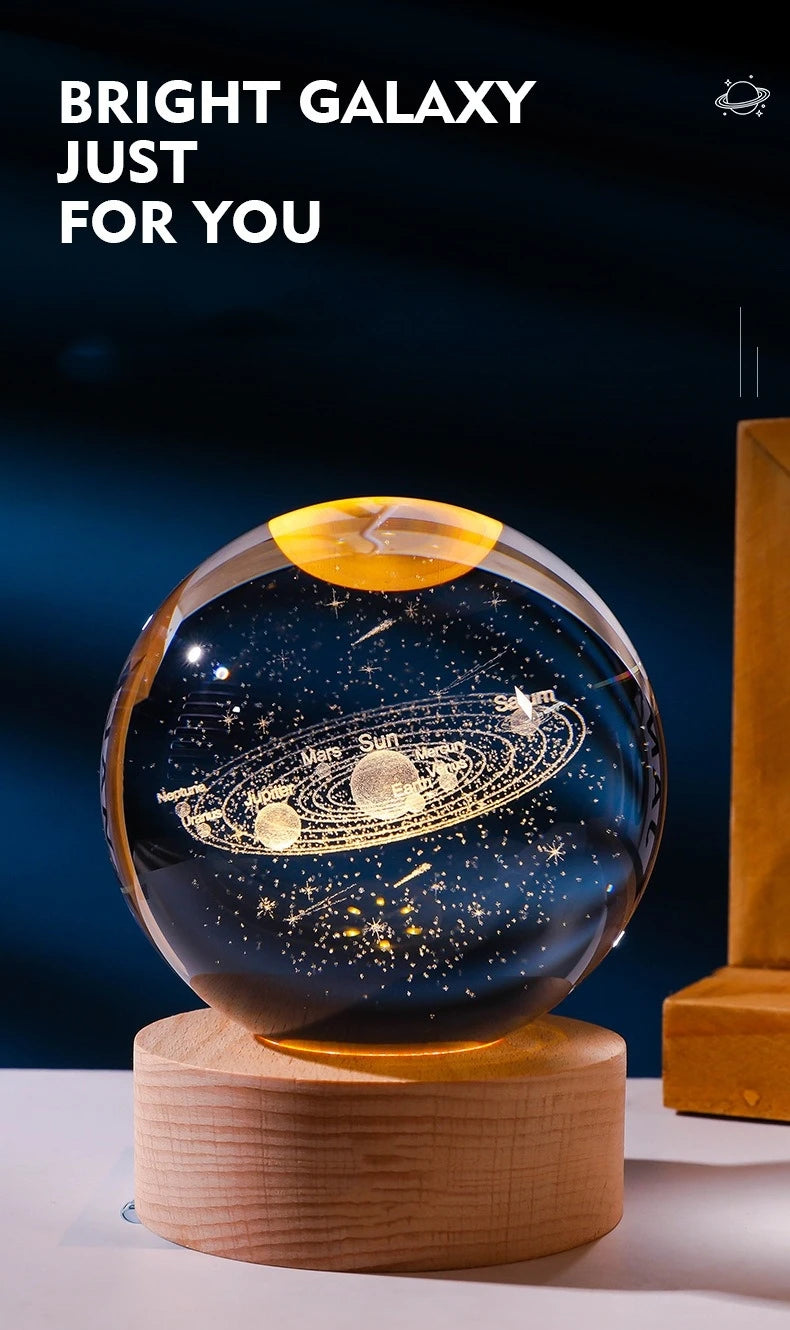 Small 3D Solar System Crystal Ball With LED Base, Night Light