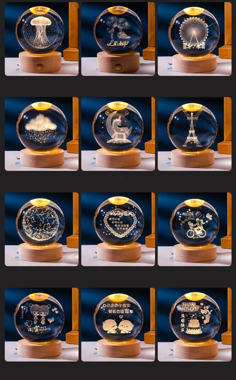 Small 3D Solar System Crystal Ball With LED Base, Night Light