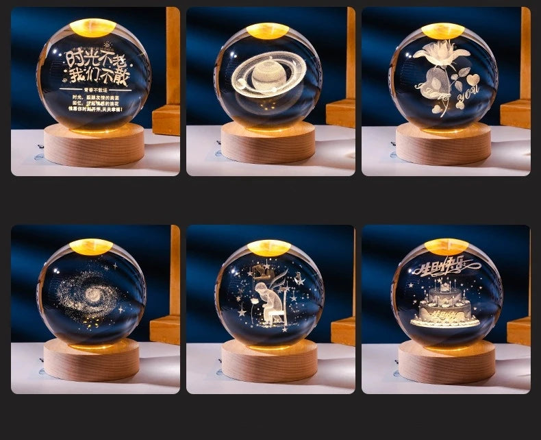 Small 3D Solar System Crystal Ball With LED Base, Night Light