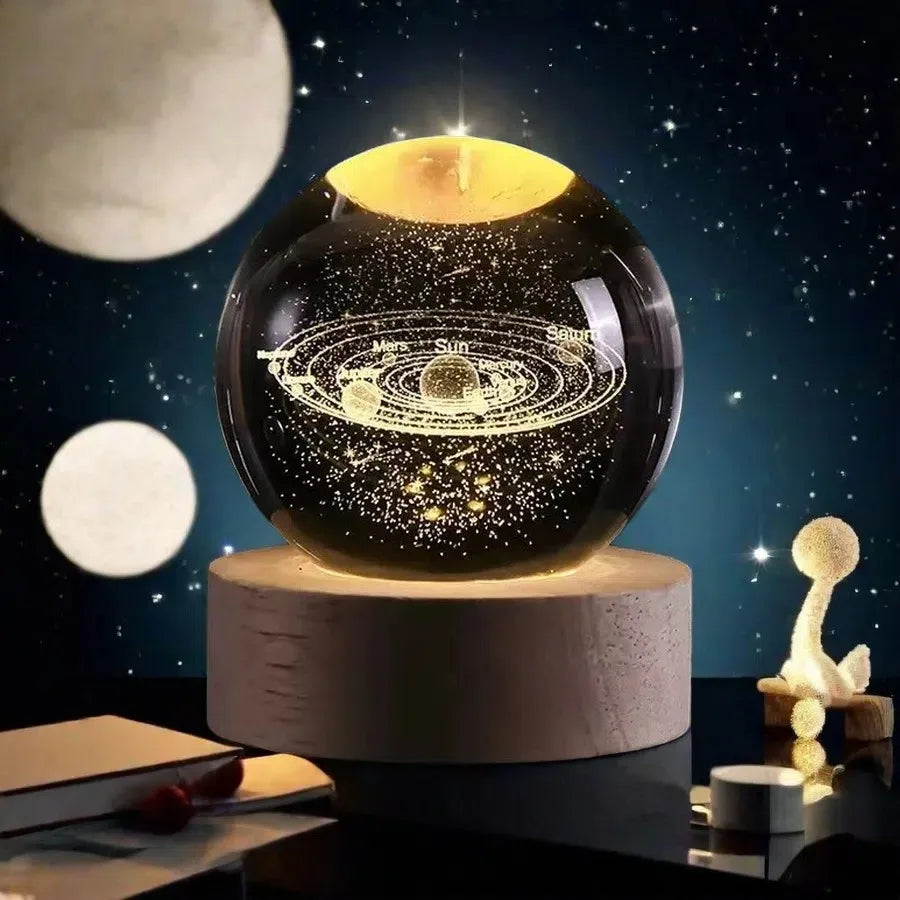 Small 3D Solar System Crystal Ball With LED Base, Night Light