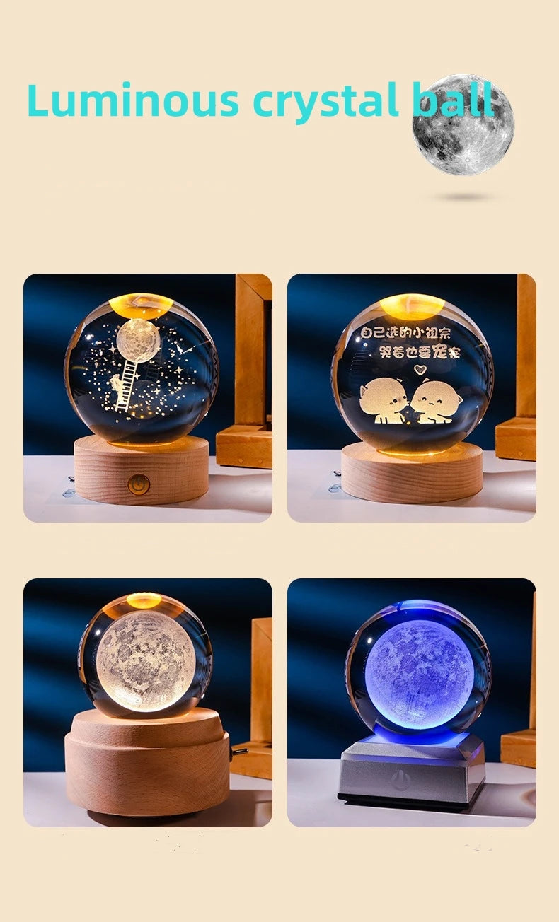 Small 3D Solar System Crystal Ball With LED Base, Night Light