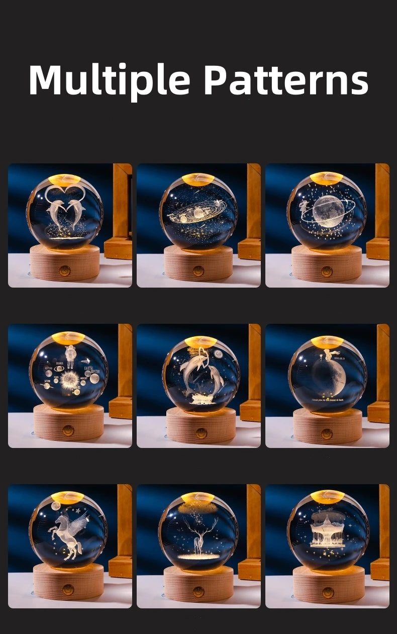 Small 3D Solar System Crystal Ball With LED Base, Night Light